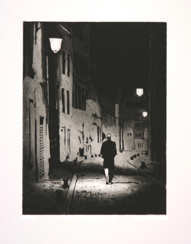 Gravures & estampes intitulée "Marcheur nocturne" par Anita Baud, Œuvre d'art originale, Eau-forte