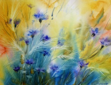 Peinture intitulée "Bleu soleil" par Anita Bruzzo, Œuvre d'art originale, Aquarelle
