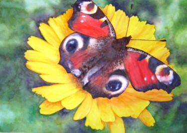 Painting titled "Schmetterling / Pea…" by Anita Burnaz, Original Artwork, Watercolor Mounted on Other rigid panel