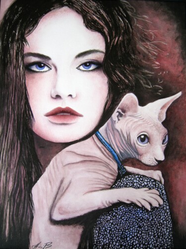 Malerei mit dem Titel "Frau mit Sphynx Kat…" von Anita Burnaz, Original-Kunstwerk, Tempera