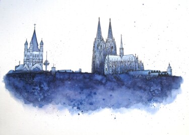 Painting titled "Skyline Cologne" by Anita Burnaz, Original Artwork, Watercolor