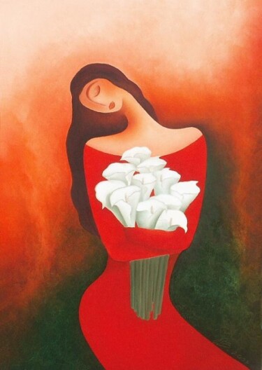 Malerei mit dem Titel "woman with callas" von Anita Burnaz, Original-Kunstwerk