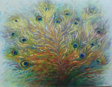 Painting titled "Plumes de Paon" by Anita Setti, Original Artwork, Oil Mounted on Wood Stretcher frame