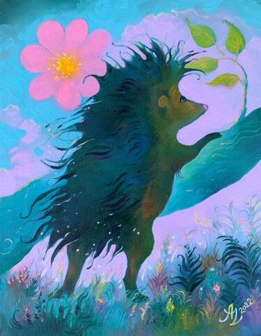 Картина под названием "Hedgehog and Flower" - Anita Zotkina, Подлинное произведение искусства, Масло