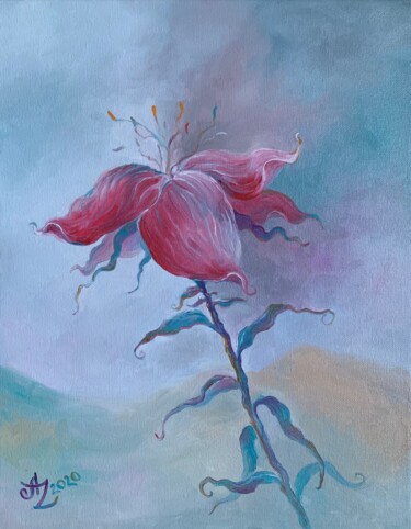 Painting titled "Red Flower" by Anita Zotkina, Original Artwork, Oil
