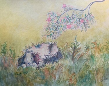 Рисунок под названием "Dog in the Garden" - Anita Zotkina, Подлинное произведение искусства, Акварель
