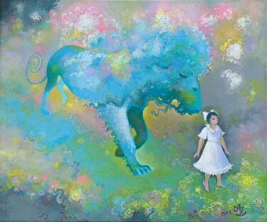 Картина под названием "Girl and Lion walki…" - Anita Zotkina, Подлинное произведение искусства, Масло