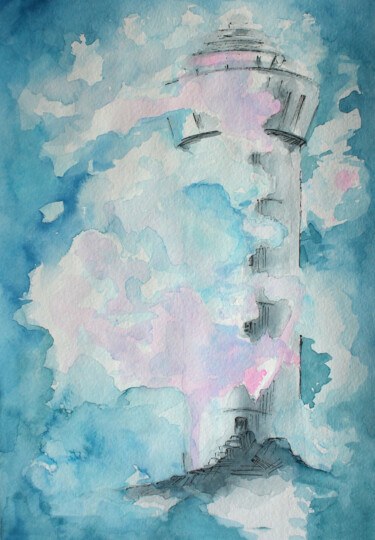 Painting titled "Lighthouse and storm" by Anna Zorina, Original Artwork, Watercolor