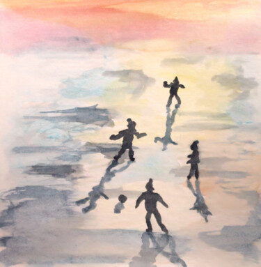 Malerei mit dem Titel "Kids and sunset foo…" von Anna Zorina, Original-Kunstwerk, Aquarell