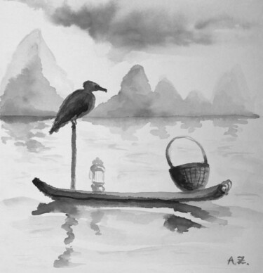 Zeichnungen mit dem Titel "Fishermen on th lake" von Anna Zorina, Original-Kunstwerk, Tinte