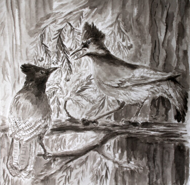 Ζωγραφική με τίτλο "Steller's Jays" από Anna Zorina, Αυθεντικά έργα τέχνης, Μελάνι
