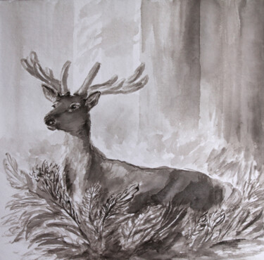 Painting titled "Deer in th Redwood" by Anna Zorina, Original Artwork, Ink