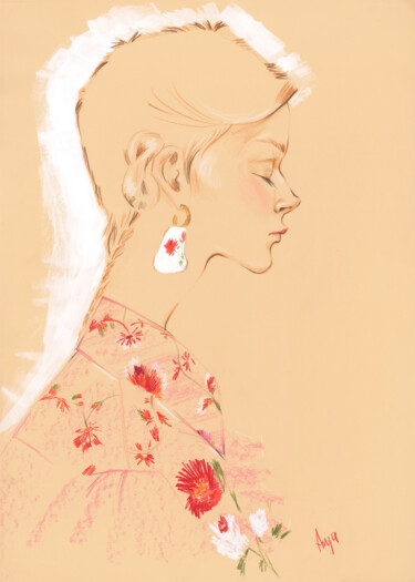 Рисунок под названием "Women profile in be…" - Anja Rudko, Подлинное произведение искусства, Цветные карандаши
