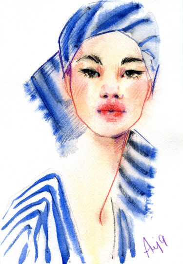 Tekening getiteld "Fashion portrait #9" door Anja Rudko, Origineel Kunstwerk, Aquarel