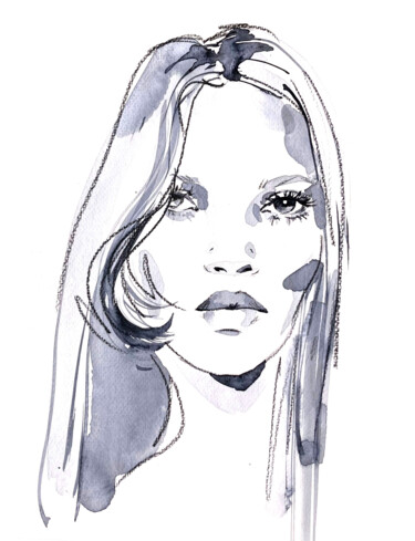 Dessin intitulée "Kate Moss dark blue…" par Anja Rudko, Œuvre d'art originale, Aquarelle