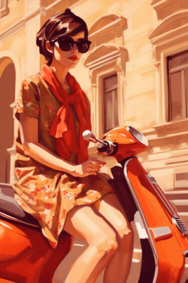 Artes digitais intitulada "Girl on red Vespa I…" por Anja Rudko, Obras de arte originais, Imagem gerada por IA