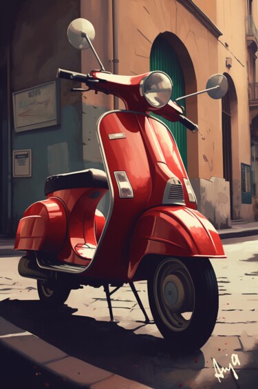 Digitale Kunst getiteld "Italia.  Red Vespa" door Anja Rudko, Origineel Kunstwerk, 2D Digital Work
