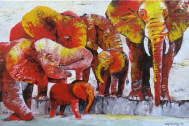 Painting titled "Elefanten beim Schl…" by Anja Semling, Original Artwork, Acrylic Mounted on Wood Stretcher frame