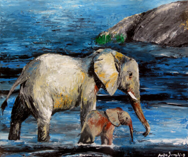 Malerei mit dem Titel "Elefantenkuh und ih…" von Anja Semling, Original-Kunstwerk, Acryl