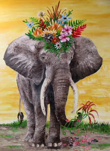 Schilderij getiteld "Elefantendame Flora…" door Anja Semling, Origineel Kunstwerk, Acryl Gemonteerd op Frame voor houten bra…