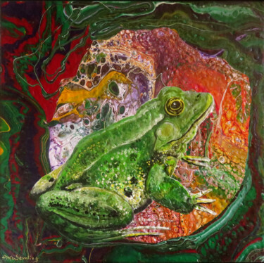 Painting titled "Grasfrosch  I Kaise…" by Anja Semling, Original Artwork, Acrylic Mounted on Wood Stretcher frame