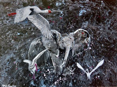 Ζωγραφική με τίτλο "Birds and Elephant" από Anja Semling, Αυθεντικά έργα τέχνης, Ακρυλικό Τοποθετήθηκε στο Ξύλινο φορείο σκε…