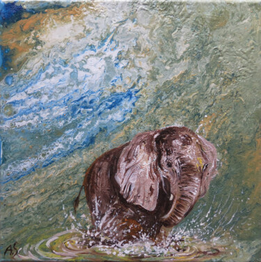 Painting titled "Elefant in Welle I…" by Anja Semling, Original Artwork, Acrylic Mounted on Wood Stretcher frame