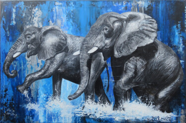 Painting titled "Elefanten-Duo I Afr…" by Anja Semling, Original Artwork, Acrylic Mounted on Wood Stretcher frame