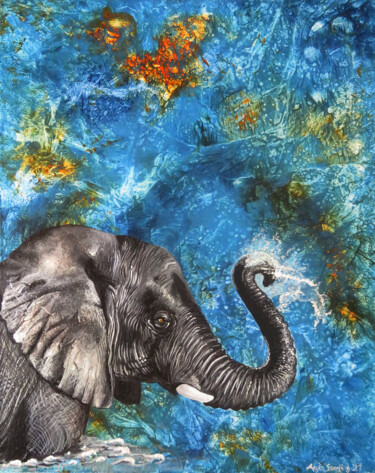 Картина под названием "Loxodonta Africana…" - Anja Semling, Подлинное произведение искусства, Акрил Установлен на Деревянная…