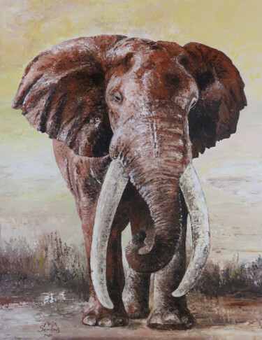 Painting titled "BIG TUSKER I AFRIKA" by Anja Semling, Original Artwork, Acrylic Mounted on Other rigid panel