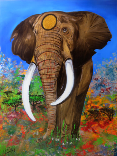 Painting titled "Mythos Elefant I El…" by Anja Semling, Original Artwork, Acrylic Mounted on Wood Stretcher frame