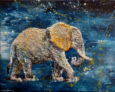 Painting titled "Elefant im Wasser I…" by Anja Semling, Original Artwork, Acrylic Mounted on Wood Stretcher frame