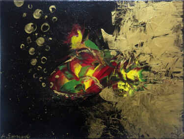Schilderij getiteld "Goldfisch" door Anja Semling, Origineel Kunstwerk, Acryl Gemonteerd op Frame voor houten brancard