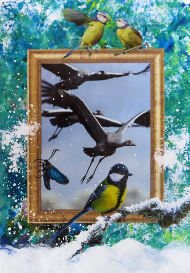 Collages titled "Vögel im Winter" by Anja Semling, Original Artwork, Collages Mounted on Other rigid panel