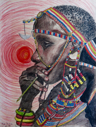 Dessin intitulée "Massai-Frau" par Anja Semling, Œuvre d'art originale, Conté