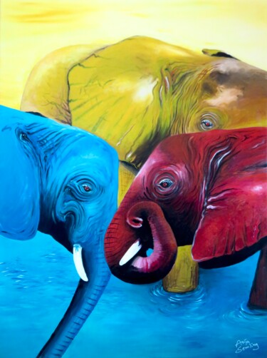 Painting titled "Elefanten-Trio I El…" by Anja Semling, Original Artwork, Acrylic Mounted on Wood Stretcher frame