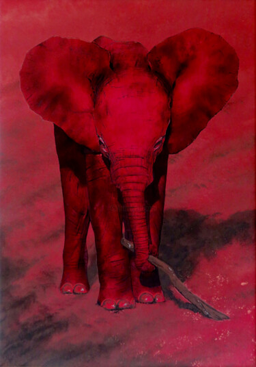 「Roter Elefant in Ke…」というタイトルの絵画 Anja Semlingによって, オリジナルのアートワーク, アクリル 段ボールにマウント