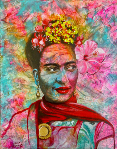 Painting titled "Flowerpower Frida" by Anja Semling, Original Artwork, Acrylic Mounted on Wood Stretcher frame