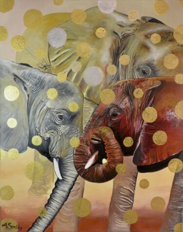Картина под названием "Elefanten-Trio" - Anja Semling, Подлинное произведение искусства, Акрил Установлен на Деревянная рама…