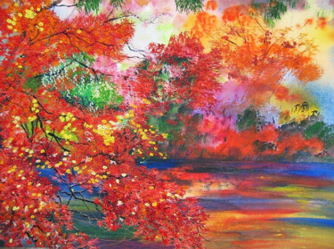 Painting titled "Autumn Aflame" by Ann Dunbar, Original Artwork, Embroidery Mounted on Cardboard
