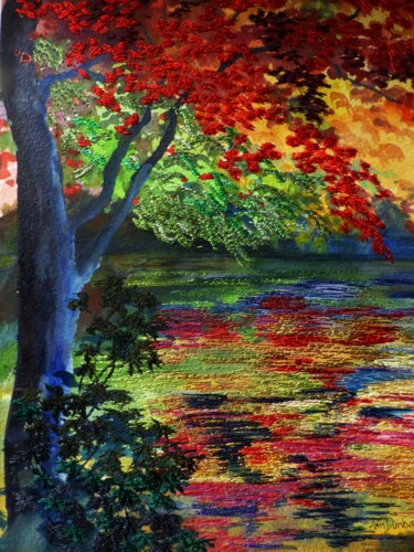 Painting titled "Vivid Autumn" by Ann Dunbar, Original Artwork, Embroidery Mounted on Cardboard