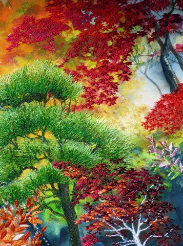 Painting titled "Peak of Autumn" by Ann Dunbar, Original Artwork, Embroidery Mounted on Cardboard