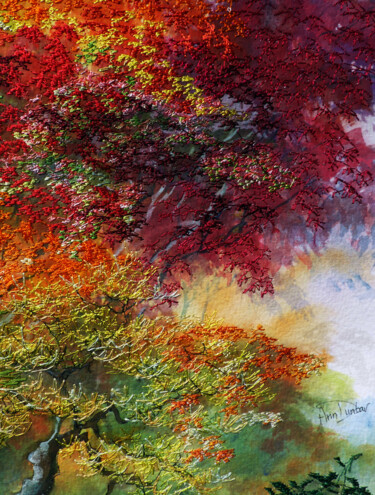 Pittura intitolato "Fiery Foliage" da Ann Dunbar, Opera d'arte originale, Ricamo Montato su Cartone