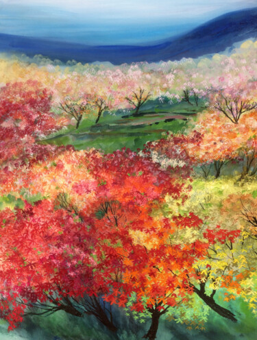 Painting titled "Maple Valley" by Ann Dunbar, Original Artwork, Embroidery Mounted on Cardboard