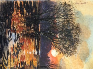 Painting titled "Versailles sunset" by Ann Dunbar, Original Artwork, Embroidery Mounted on Cardboard