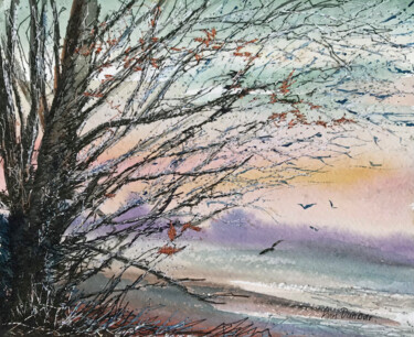 Painting titled "Winter light, birds…" by Ann Dunbar, Original Artwork, Watercolor