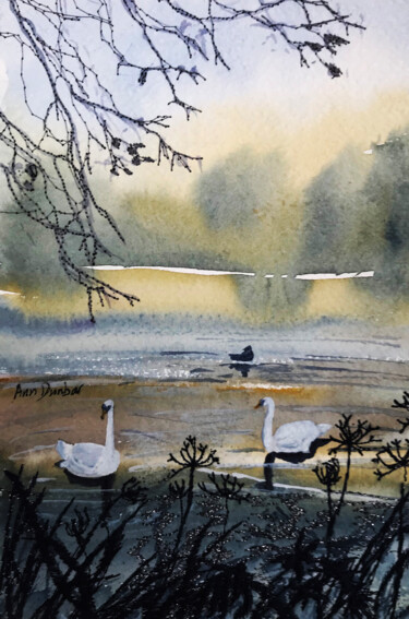 Pintura intitulada "A pair of Swans" por Ann Dunbar, Obras de arte originais, Bordado Montado em Cartão