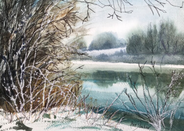 Painting titled "Winter lake" by Ann Dunbar, Original Artwork, Watercolor Mounted on Cardboard