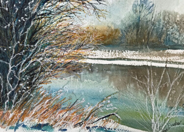 Schilderij getiteld "Lake in snow" door Ann Dunbar, Origineel Kunstwerk, Aquarel