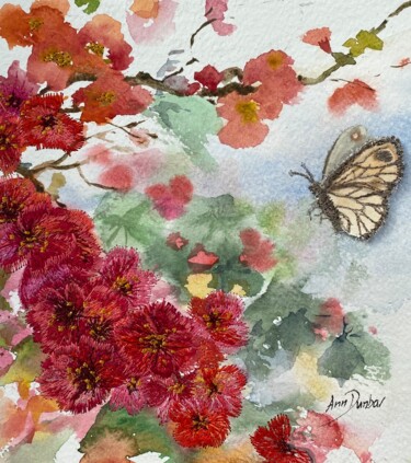 Painting titled "Red Quince and whit…" by Ann Dunbar, Original Artwork, Watercolor Mounted on Cardboard